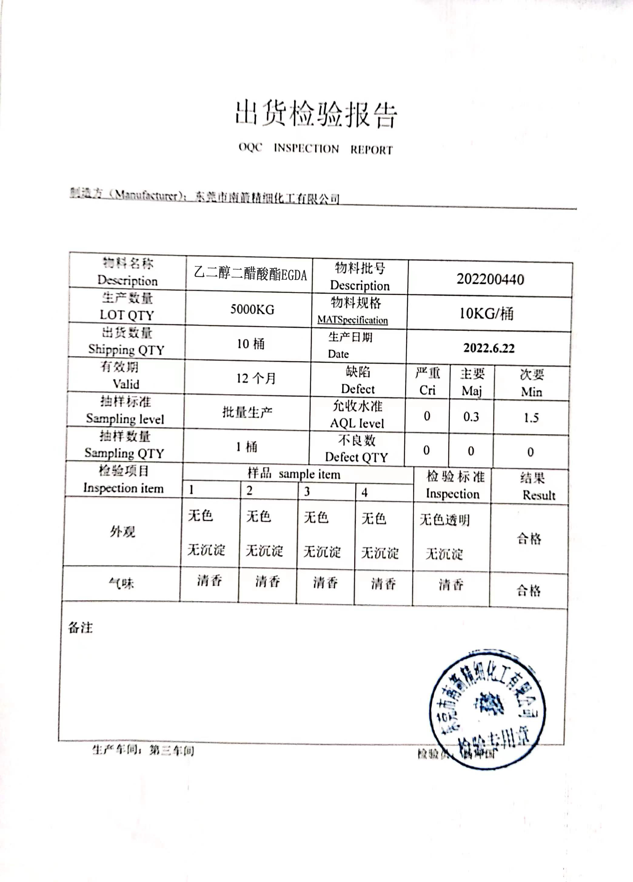 高沸点溶剂EGDA质量检测报告